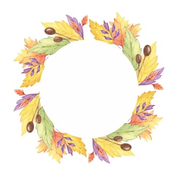 Leaves watercolor clipart wreath featuring vibrant yellow, orange, and purple leaves arranged in a circular frame. Perfect for fall decor, invitations, and seasonal digital designs