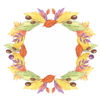 Autumn leaves watercolor clipart wreath with colorful yellow, orange, and purple leaves forming a circular border. Suitable for Thanksgiving cards, fall-themed printables, and decorative projects