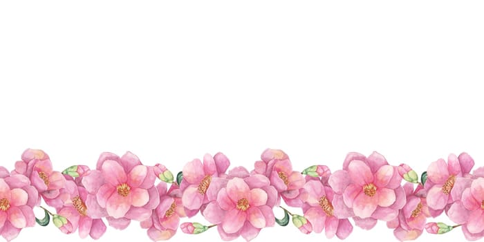 Pink camellia japonica flowers in a horizontal seamless border on the watercolor clipart. The soft and natural floral pattern is ideal for wedding invitations, greeting cards, and printable designs