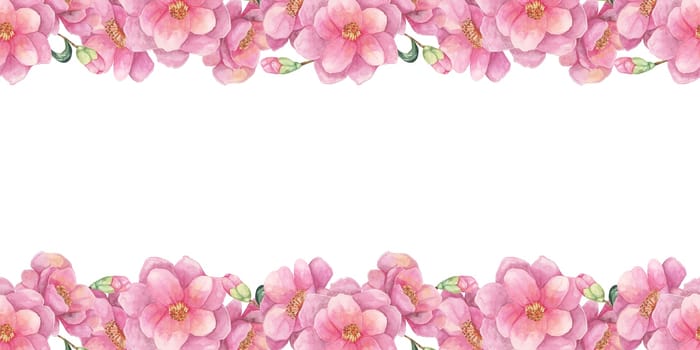 Pink flowers arranged in a continuous, seamless border cover the top and bottom edges of this watercolor clipart. Camellia japonica for wrapping paper, scrapbook projects, or web design elements