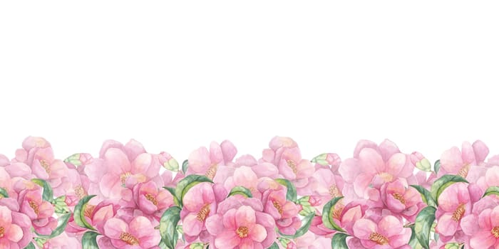 Pink flowers and green foliage form a lower-edge seamless border in this watercolor clipart. Camellia japonica for adding a delicate touch to wedding stationery, digital banners, or printable invites