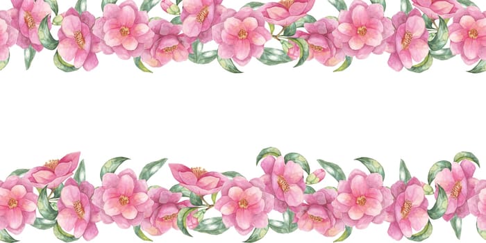 Camellia japonica flowers with green leaves in a seamless border along the top and bottom edges of this watercolor clipart. Suitable for digital designs, social media graphics, and printed stationery