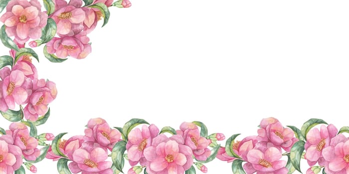 Pink camellia flowers along the bottom and partially up the sides in this watercolor banner. Floral decorative clipart Perfect for crafting, digital scrapbooking, or custom invitations