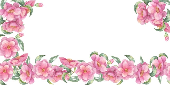 Pink camellia japonica flowers banner. Botanical watercolor clipart. This elegant floral design is suitable for creating wedding invitations, posters, and website embellishments