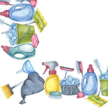 Cleaning tools like brushes, spray bottles, sponges, and gloves in the square frame. Watercolor clipart. Great for use in advertisements, brochures, and website designs for housekeeping services