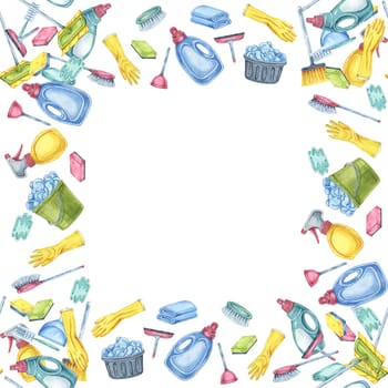 Housekeeping items such as buckets, brushes, gloves, and sprays create a busy square frame in this watercolor clipart. Perfect for creating borders on cleaning schedules, posters, and print designs