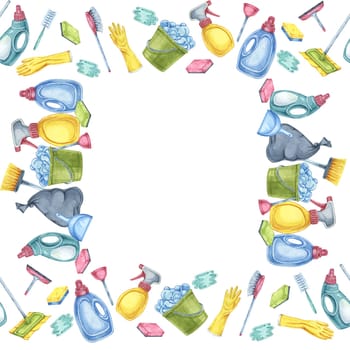 Cleaning tools including gloves, brushes, buckets, and sprays create a neat square frame. Watercolor clipart for decorating advertisements, newsletters, and online content for cleaning services