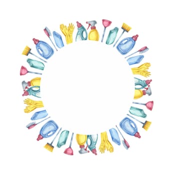 Cleaning utensils including sponges, mops, gloves, and spray bottles create a circular frame in this watercolor clipart. Suitable for enhancing event invites, flyers, and DIY project decorations