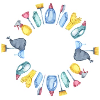 Housekeeping items such as buckets, brushes, gloves, and sprays form a round frame. Watercolor clipart. Ideal for crafting posters, digital graphics, and promotional materials for cleaning services