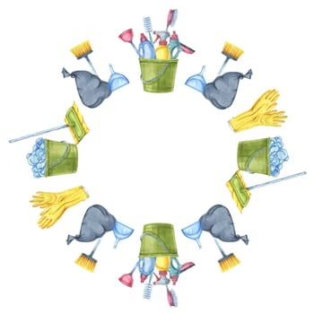 Cleaning tools like brooms, buckets, gloves, and sprays form a round frame. Watercolor clipart. Great for use in advertisements, posters, and social media graphics related to housekeeping services.