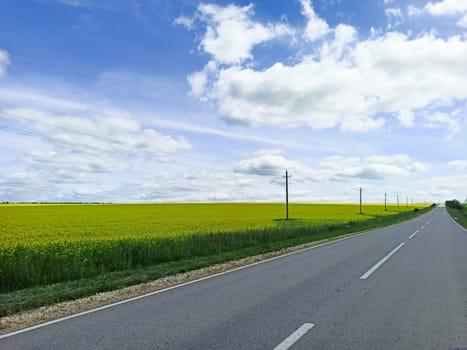 A long stretch of asphalt road runs parallel to a lush yellow field, with distant power poles standing against a backdrop of fluffy clouds and a bright blue sky.