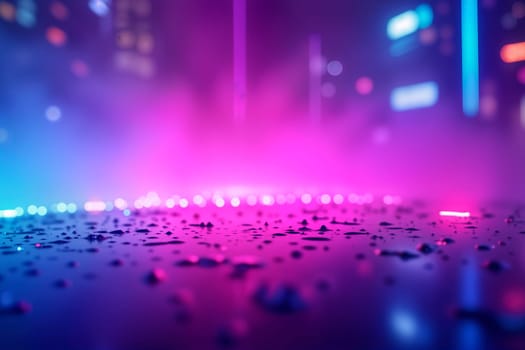 Vibrant neon reflections on a wet urban surface with futuristic lighting. Blurred city lights in shades of magenta, blue, and violet create a cyberpunk-inspired night atmosphere