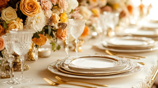 Elegant royal dining table adorned with luxurious floral arrangements for wedding or event, vintage tableware, and candles in a classic English countryside manor, creating a romantic and sophisticated atmosphere idea