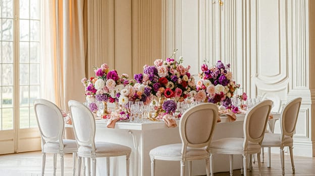 Elegant royal dining table adorned with luxurious floral arrangements for wedding or event, vintage tableware, and candles in a classic English countryside manor, creating a romantic and sophisticated atmosphere idea