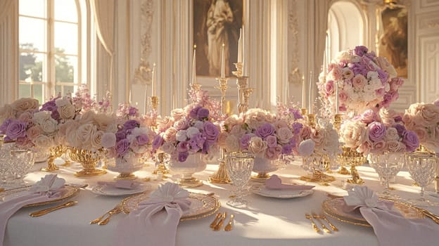 Elegant royal dining table adorned with luxurious floral arrangements for wedding or event, vintage tableware, and candles in a classic English countryside manor, creating a romantic and sophisticated atmosphere idea