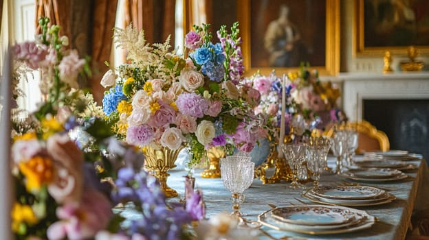 Elegant royal dining table adorned with luxurious floral arrangements for wedding or event, vintage tableware, and candles in a classic English countryside manor, creating a romantic and sophisticated atmosphere idea