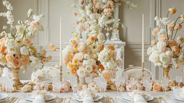 Elegant royal dining table adorned with luxurious floral arrangements for wedding or event, vintage tableware, and candles in a classic English countryside manor, creating a romantic and sophisticated atmosphere idea