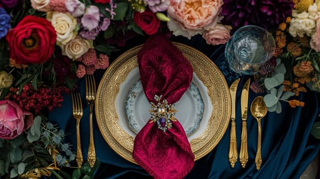 Elegant royal dining table adorned with luxurious floral arrangements for wedding or event, vintage tableware, and candles in a classic English countryside manor, creating a romantic and sophisticated atmosphere idea