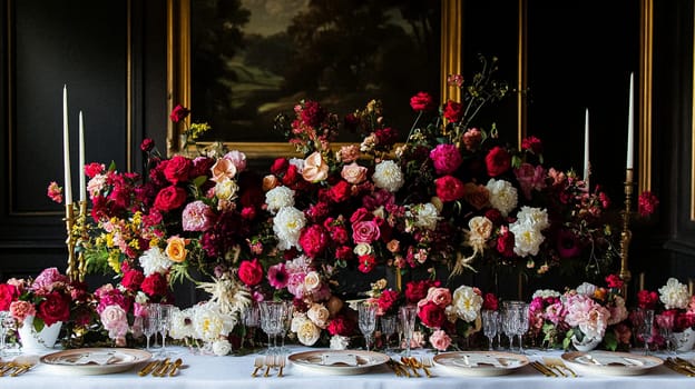Elegant royal dining table adorned with luxurious floral arrangements for wedding or event, vintage tableware, and candles in a classic English countryside manor, creating a romantic and sophisticated atmosphere idea