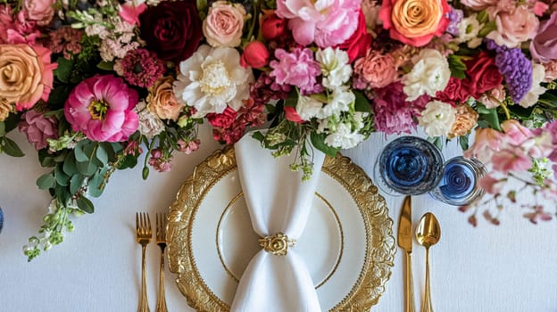 Elegant royal dining table adorned with luxurious floral arrangements for wedding or event, vintage tableware, and candles in a classic English countryside manor, creating a romantic and sophisticated atmosphere idea