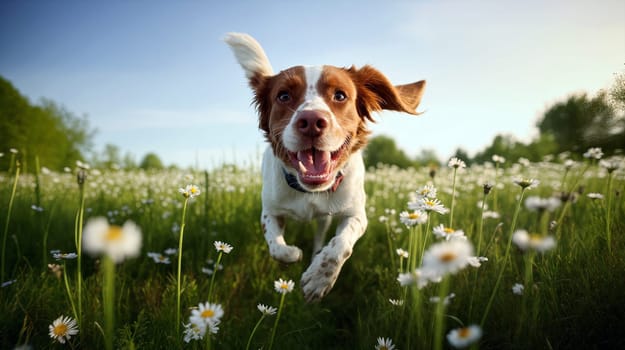 A playful dog joyfully runs through a vibrant field filled with blooming daisies, basking in the warm afternoon sunlight - Generative AI