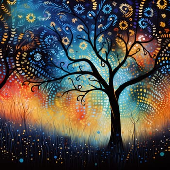 An intricate landscape features swirling patterns around a silhouetted tree, creating a captivating display of colors at twilight - Generative AI