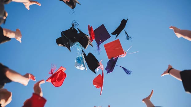 Graduates tossing multicolored hats against a blue sky