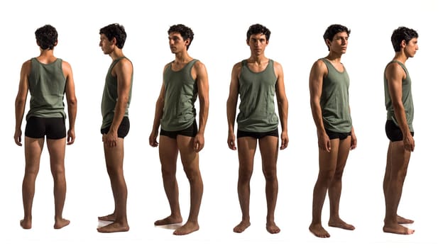 Multiple views of athletic young handsome man: back, front and profile shots, full length, isolated on white background in studio