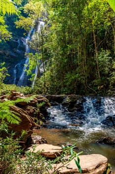 River and waterfall through dense rainforest vegetation in the state of Minas Gerais, Brazil