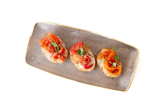 Bruschetta with salmon gravlax and crunch onion on ciabatta toast. High quality photo