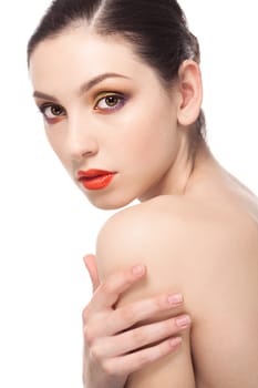 Beauty fashion girl. Portrait of beautiful young woman with fresh clean skin isolated on white Background.