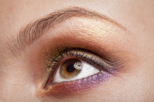 Macro image of human woman eye with make up