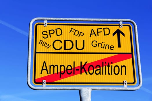 Schild mit Wahlen in Deutschland, die Ampel-Koalition weg und zu welcher Parteien wird es gehen