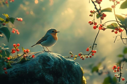 A small bird sits on a rock, surrounded by the beauty of nature.