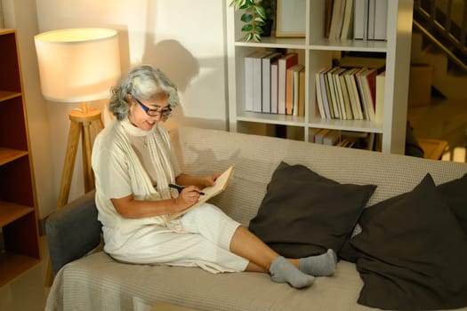 Happy elderly woman with gray hair sitting on sofa and writing in notebook with a smile.