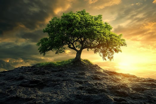 Tree with lush foliage on dying land against sunset background. Environmental. Concept of nature conservation.