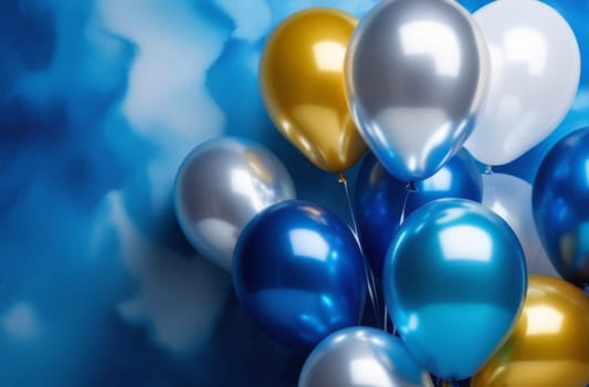 Inflatable blue silver gold balloons on a blue watercolor background