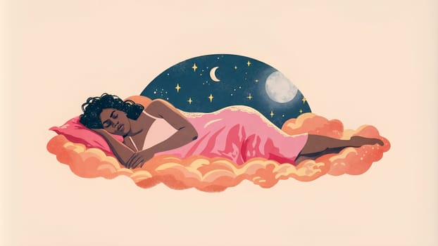 A woman peacefully sleeps on soft clouds under a starry sky with a crescent moon, creating a serene nighttime atmosphere - Generative AI