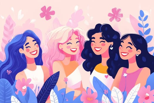 Girls of different nationalities laughing on a pink background with flowers Womens day 8 March