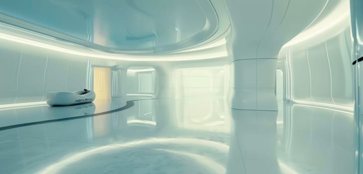 A minimalist white lounge with a futuristic aesthetic, featuring curvilinear shapes and a smooth reflective floor. The room is softly lit by natural light filtering through unique window designs