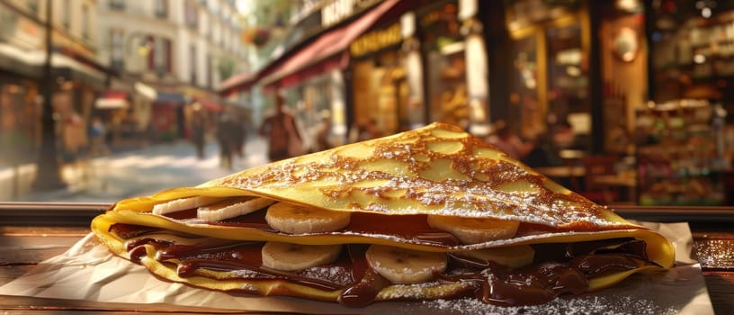 Delicious crepe with bananas and chocolate, served with a drink on a Parisian street cafe table
