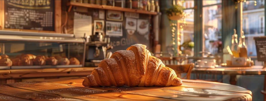 Fresh croissant on wooden table in a cozy, sunlit bakery with pastries and coffee machine in the background