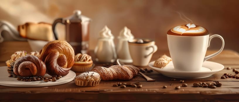 A cozy assortment of coffee and pastries, with a latte art heart, on a rustic wooden table