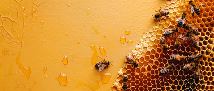 Close-up of a honeycomb filled with golden honey, with worker bees crawling on the surface