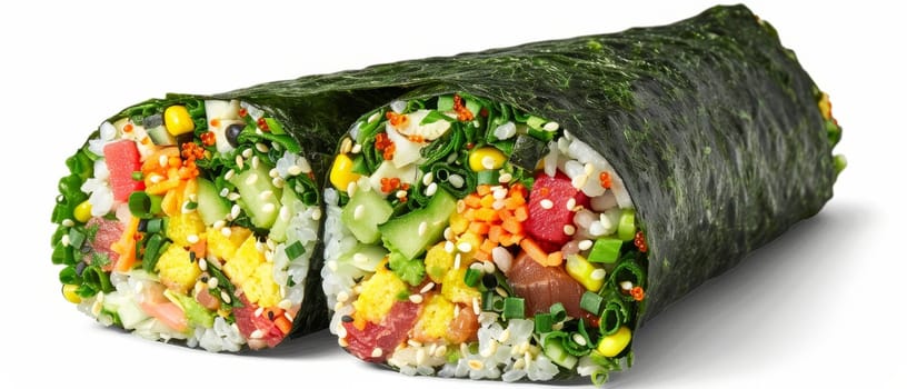 A sushi roll filled with a variety of fresh vegetables like cucumber, avocado, and bell peppers, neatly arranged and rolled in seaweed and rice