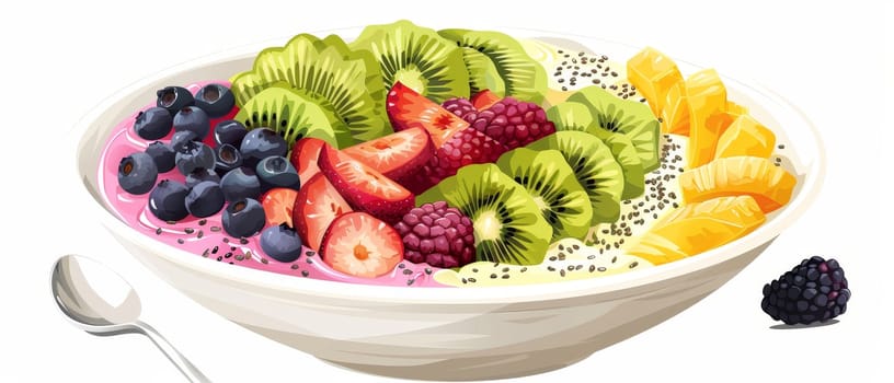 A vibrant bowl of fresh, colorful fruits on a smooth teal surface, showcasing a healthy and delicious assortment