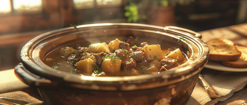 A hearty bowl of stew with chunks of vegetables and bread on a worn wooden table