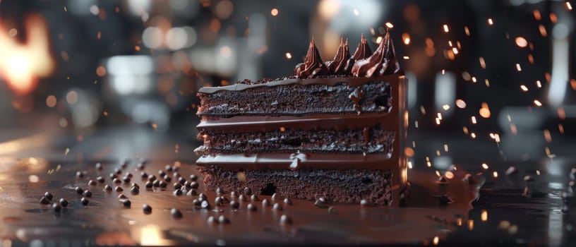 A slice of chocolate cake on a white plate with a chocolate drizzle and chocolate shavings