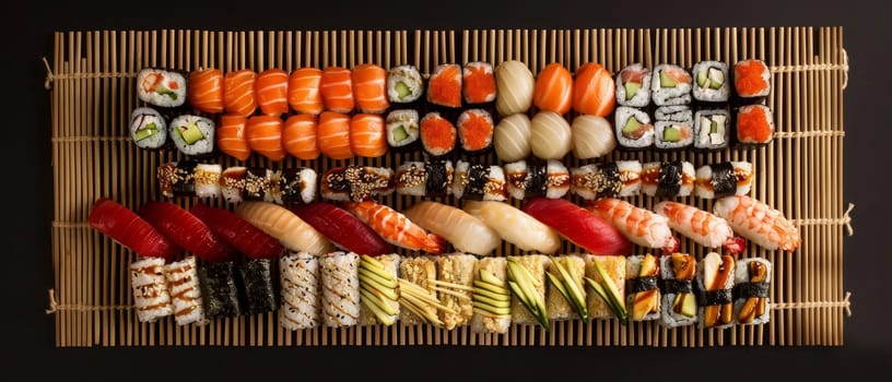 Assorted fresh sushi set on bamboo mat