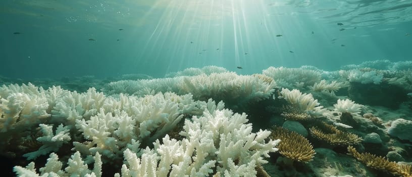 Vibrant underwater scene with colorful fish swimming around a coral reef, illuminated by natural sunlight